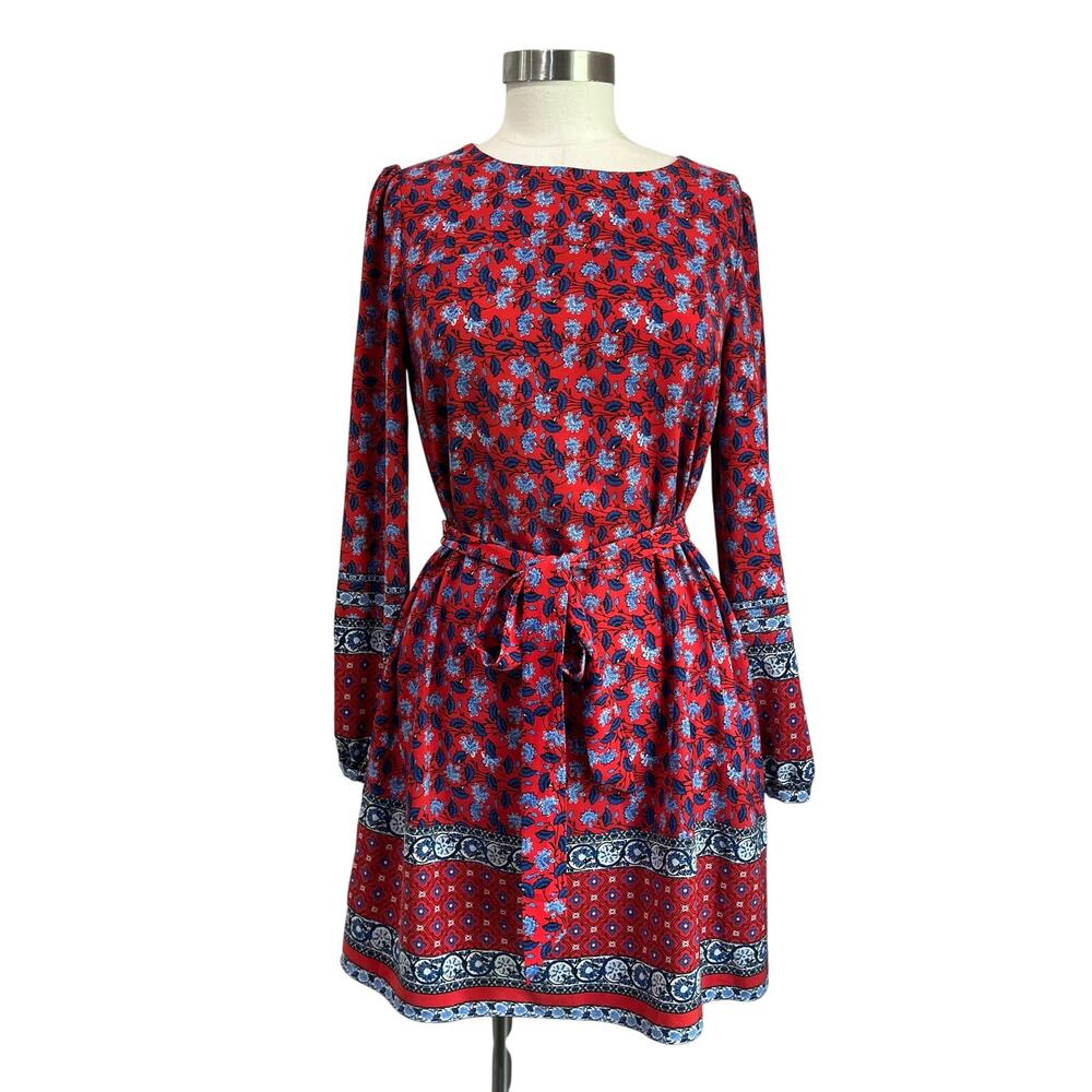 LOFT Border Floral Red Long Sleeve Boho Tie Waist Dress Size XS